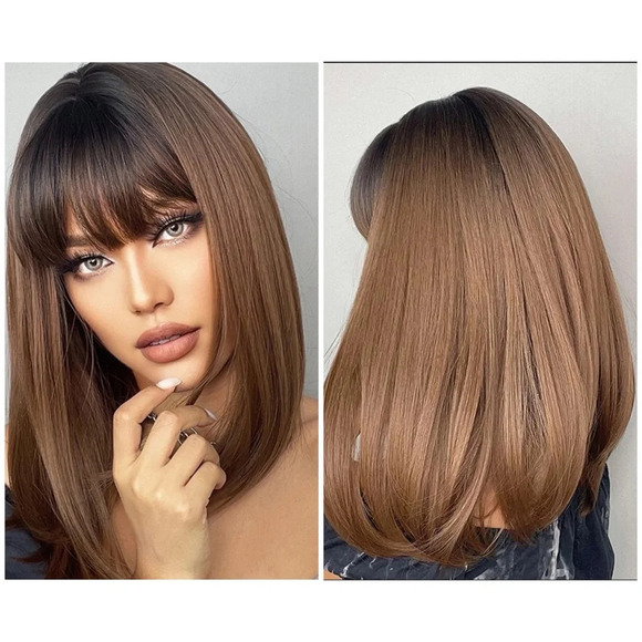 14” Short  Ombre  Black to Brown Natural color Synthetic Wig for Daily w… - Picture 1 of 12